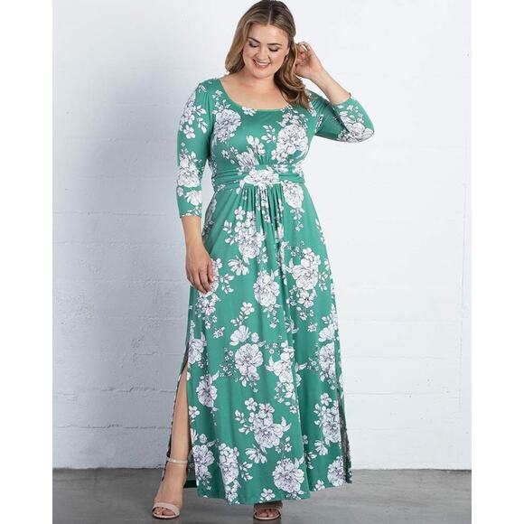 Kiyonna Maxi Green Floral Maxi 2X Maya Style Long Sleeve Slits Empire Waist - Picture 1 of 7